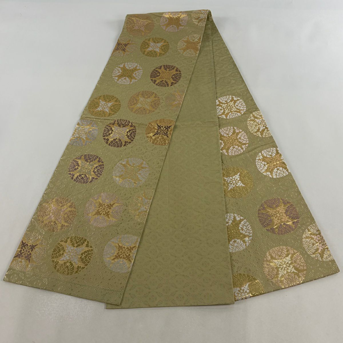 【美品】 袋帶 秀品級 圓文 地紋 刺繡 金金箔 灰綠 六通 純蠶絲