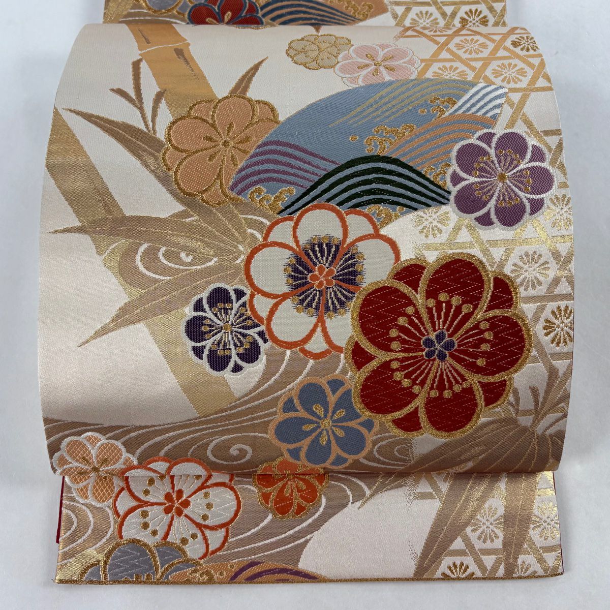 【美品】 袋帶 秀品級 梅花 流水 金絲 金金箔 米色 六通 純蠶絲