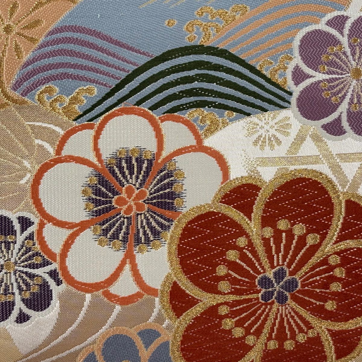 【美品】 袋帶 秀品級 梅花 流水 金絲 金金箔 米色 六通 純蠶絲