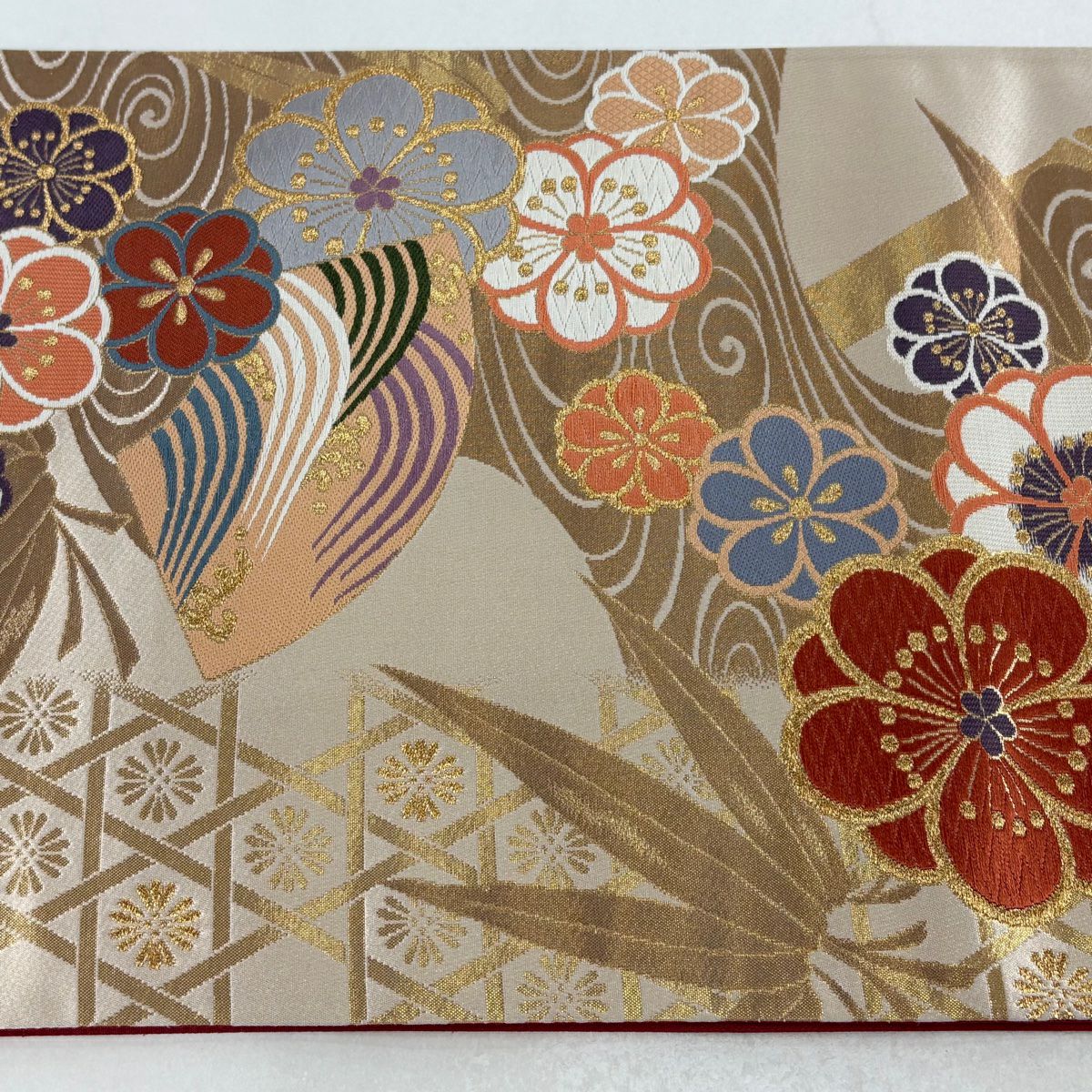 【美品】 袋帶 秀品級 梅花 流水 金絲 金金箔 米色 六通 純蠶絲