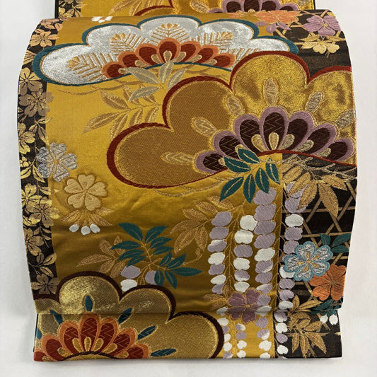 袋帶 秀品級 笠松樹 櫻花 金銀線 金金箔 金色 六通 純蠶絲