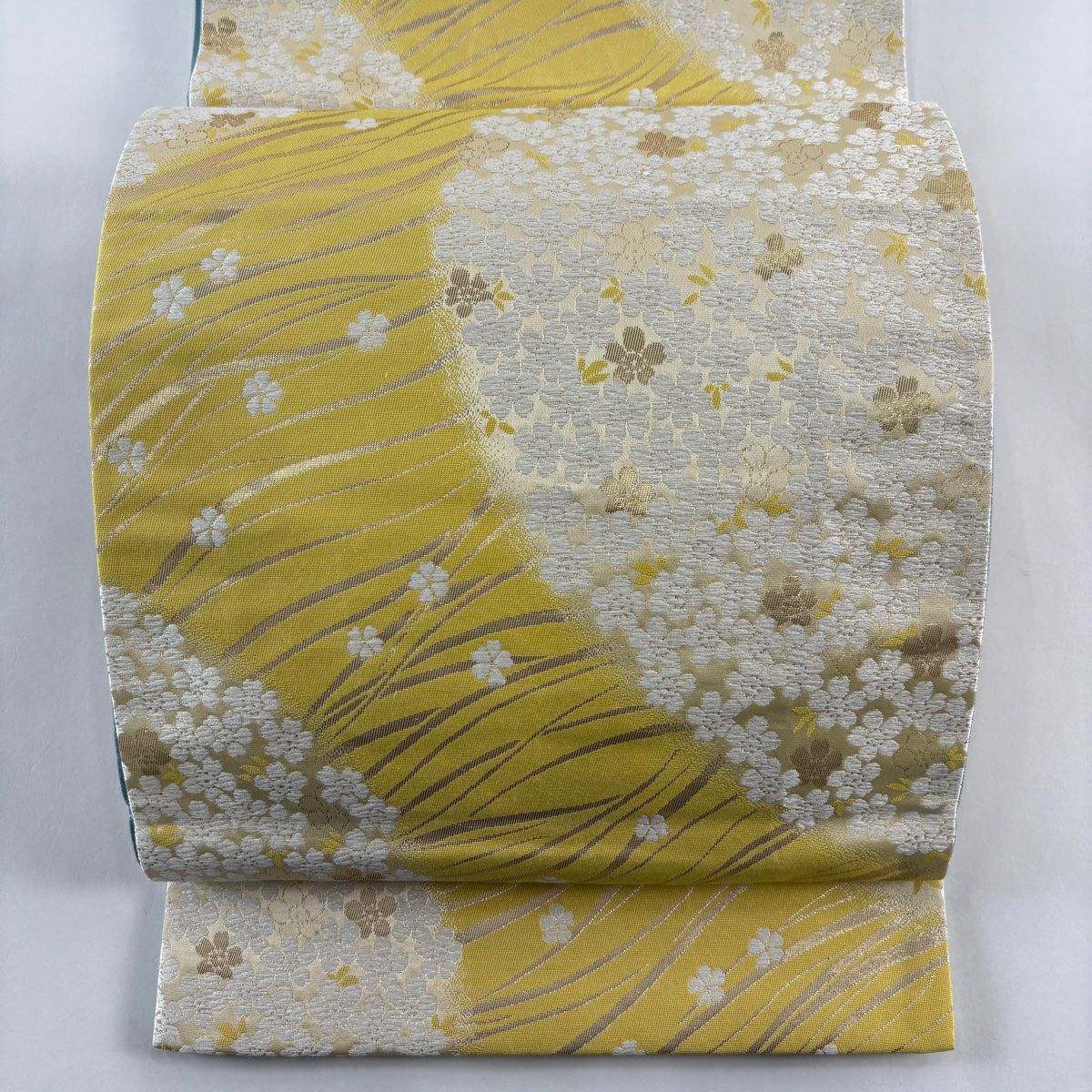 袋帶 秀品級 樱花 流水 刺繡 金金箔 黃色 六通 純蠶絲