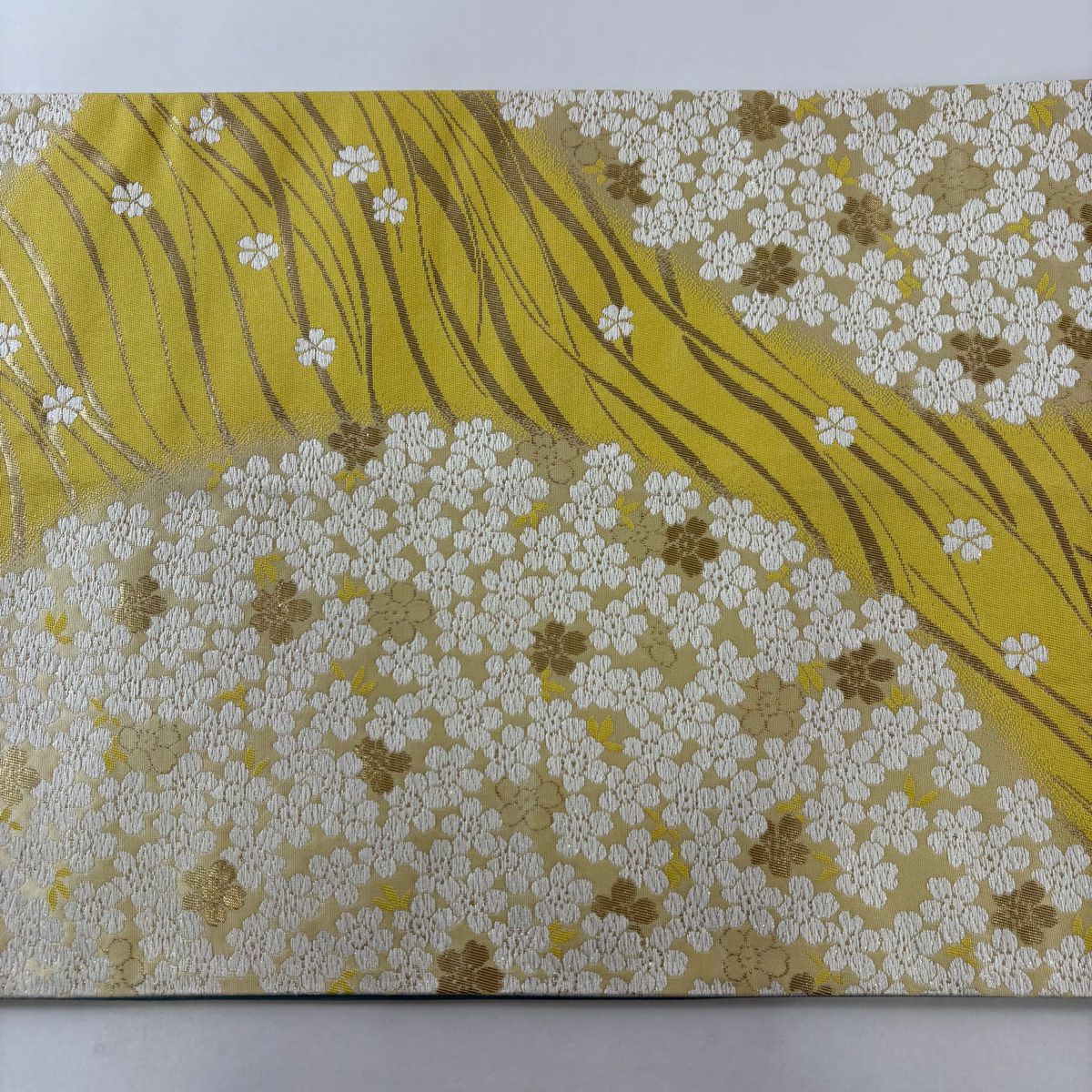 袋帶 秀品級 樱花 流水 刺繡 金金箔 黃色 六通 純蠶絲