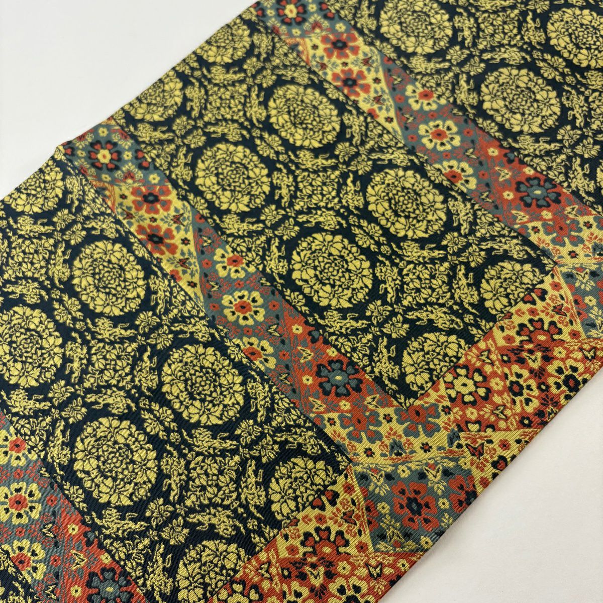【美品】 開口名古屋帶 優品級 有落款 萬葉 華紋 縞 深綠 純蠶絲