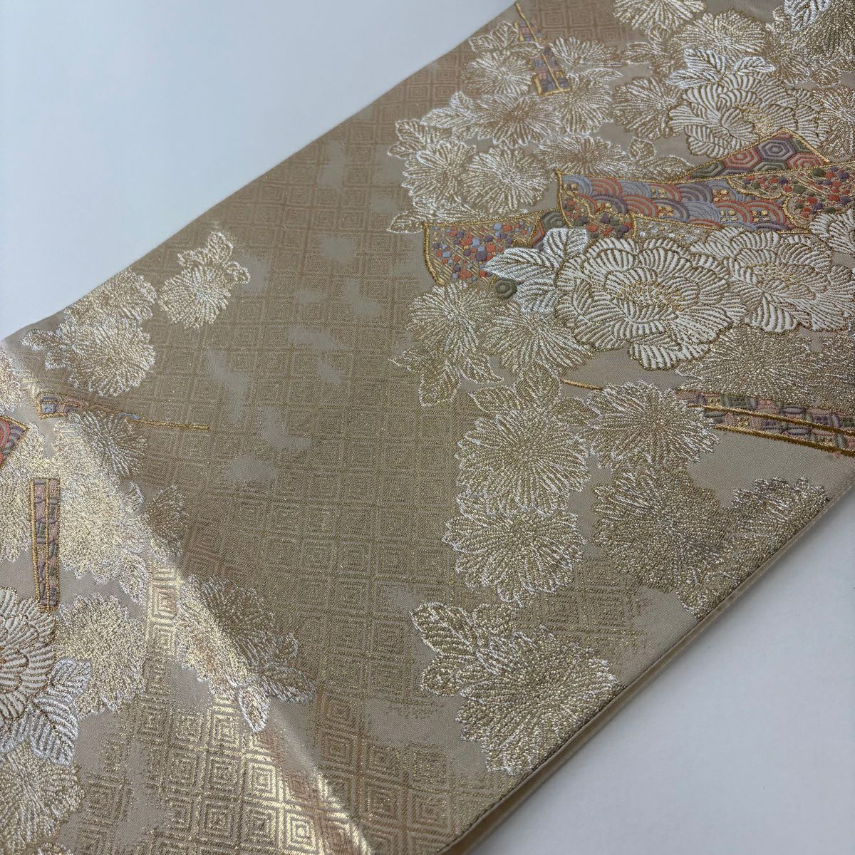 【美品】 袋帶 秀品級 草花紋 青海波 金金箔 金銀彩 米色 六通 純蠶絲