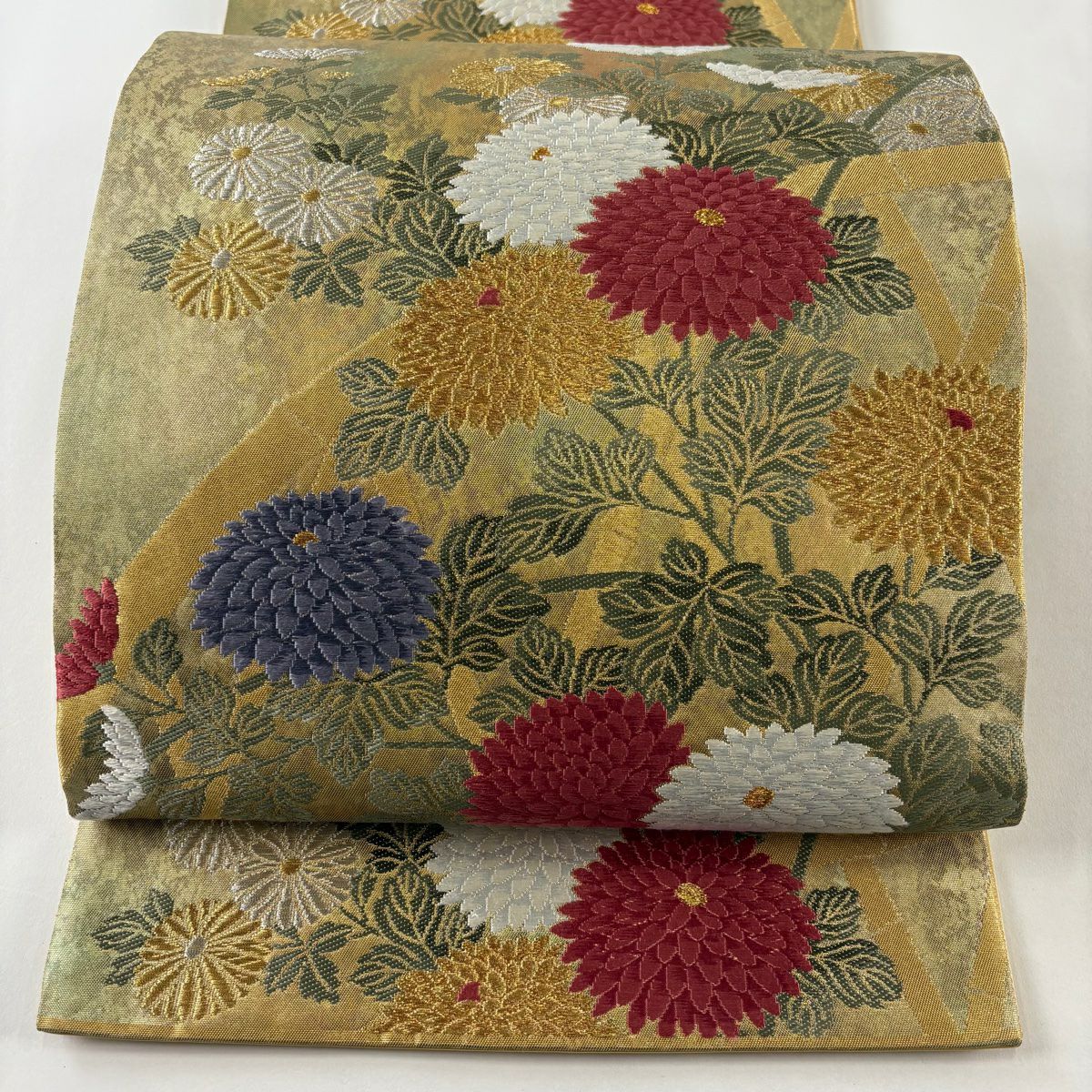 【美品】 袋帶 秀品級 關西仕立 雛菊花 草地 金金箔 金銀彩 金色 六通 純蠶絲
