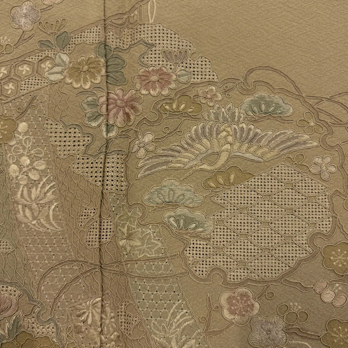 付下 身長150.5cm 袖長61.5cm S 雙層 雪輪 松樹竹子梅花 刺繡 淺茶 純蠶絲 秀品級