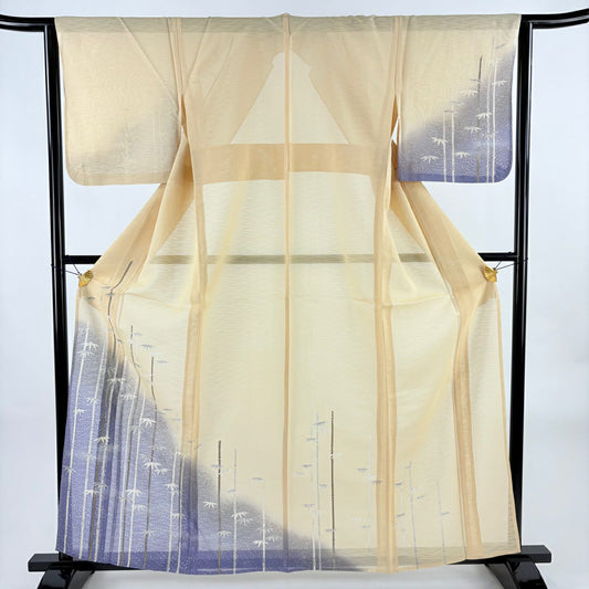 付下 身長161cm 袖長63cm S 薄物 紗 竹子 金銀彩 漸層 薄黃土 純蠶絲 優品級