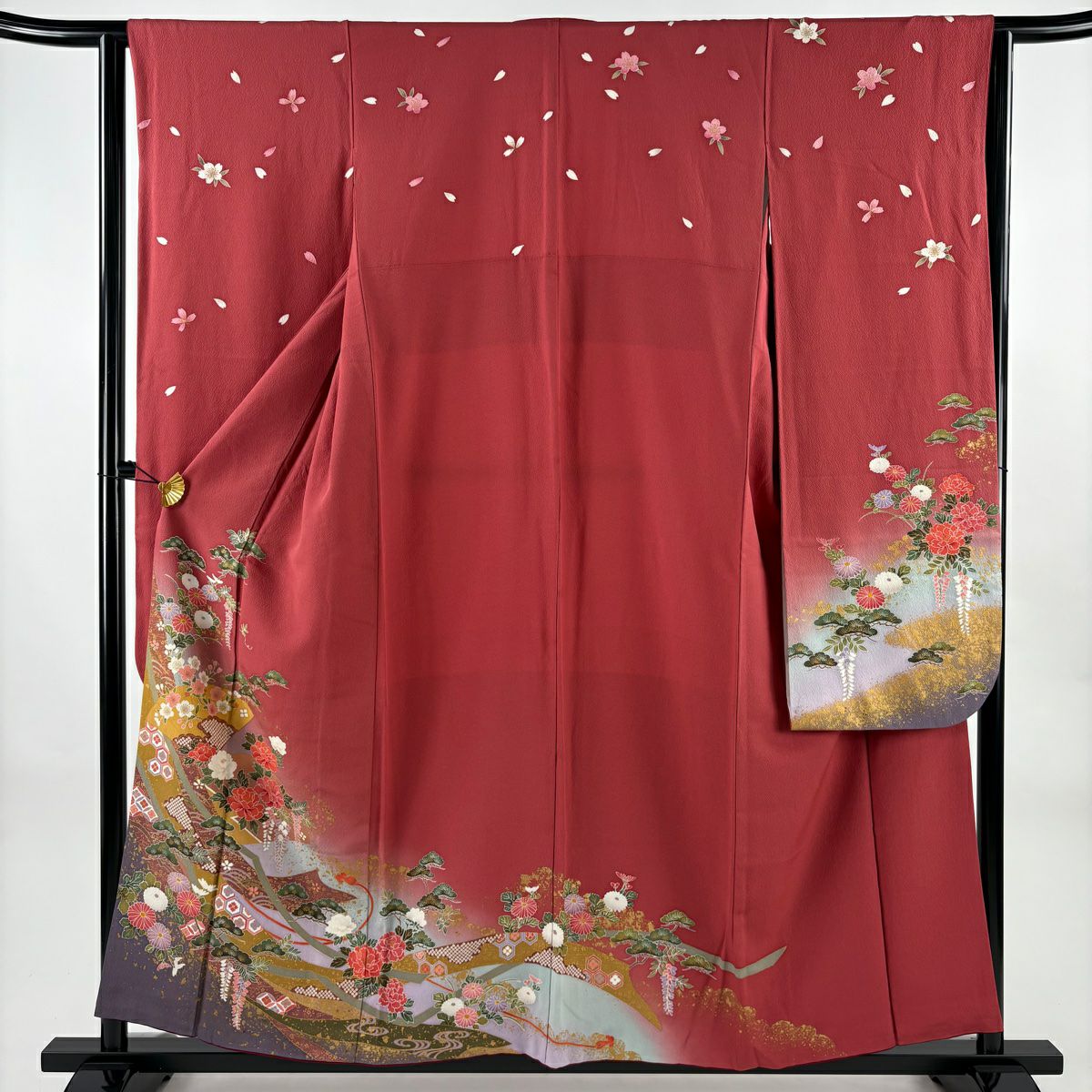 振袖禮服 身長155.5cm 袖長63cm S 雙層 草花紋紋 熨斗紋 金彩裝飾 染分 茜 純蠶絲 秀品級