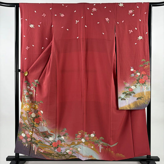 振袖禮服 身長155.5cm 袖長63cm S 雙層 草花紋紋 熨斗紋 金彩裝飾 染分 茜 純蠶絲 秀品級