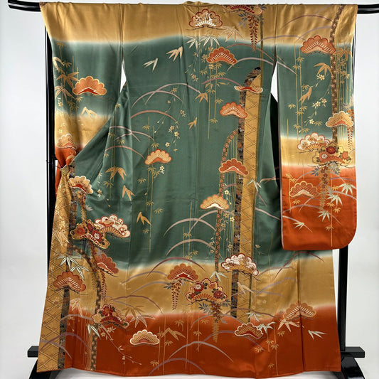 振袖禮服 身長166.5cm 袖長68.5cm L 雙層 松樹 笹 金絲 金銀彩 山吹 純蠶絲 秀品級
