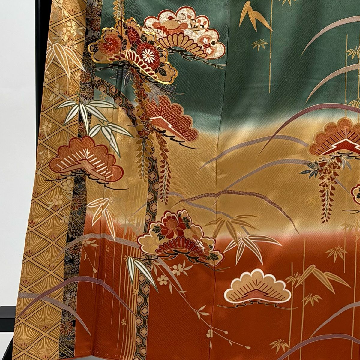 振袖禮服 身長166.5cm 袖長68.5cm L 雙層 松樹 笹 金絲 金銀彩 山吹 純蠶絲 秀品級