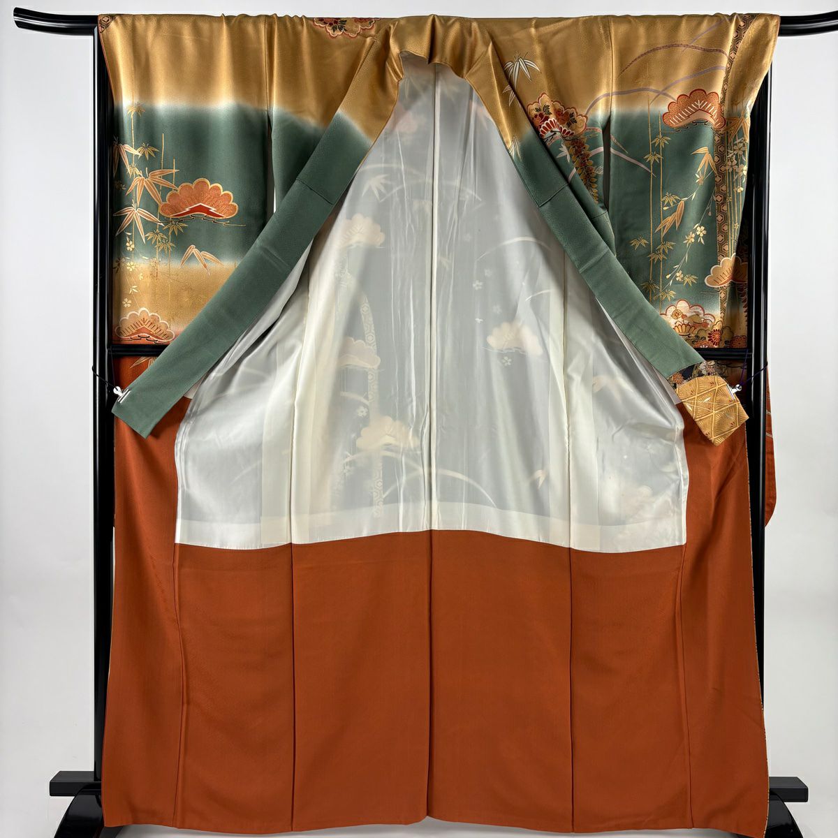 振袖禮服 身長166.5cm 袖長68.5cm L 雙層 松樹 笹 金絲 金銀彩 山吹 純蠶絲 秀品級