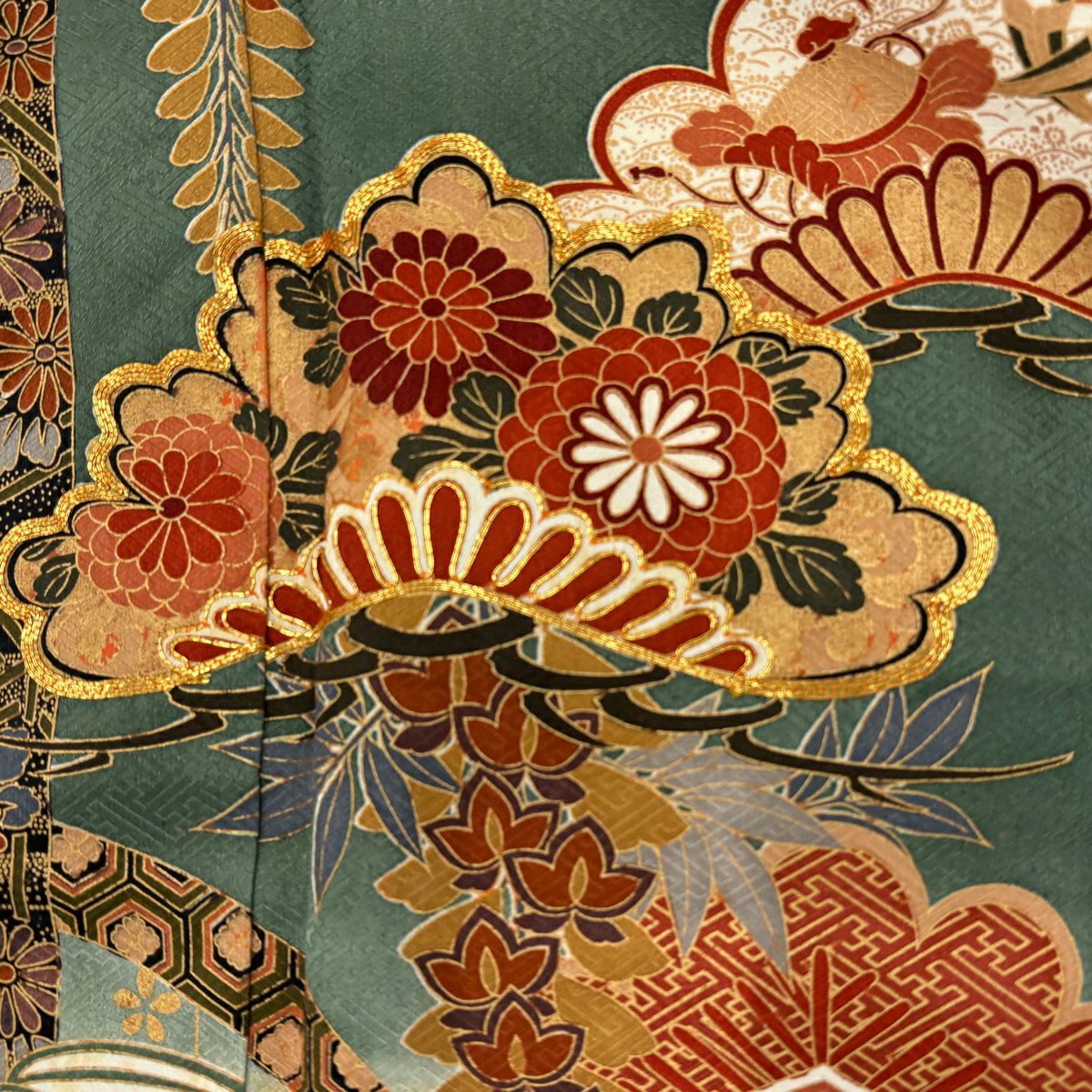 振袖禮服 身長166.5cm 袖長68.5cm L 雙層 松樹 笹 金絲 金銀彩 山吹 純蠶絲 秀品級