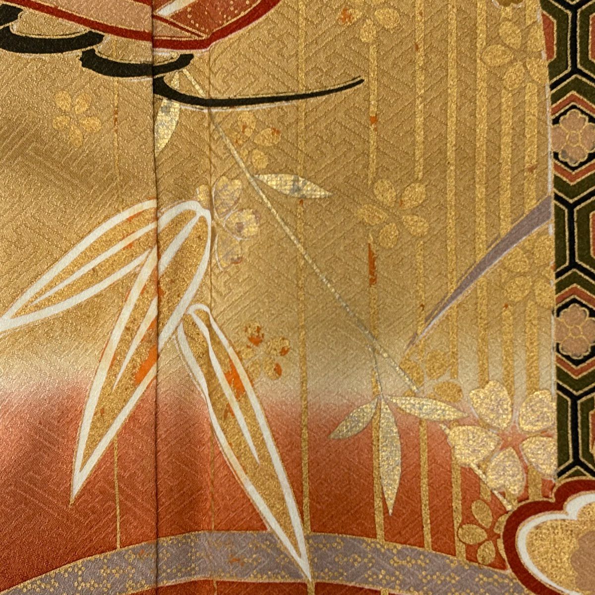 振袖禮服 身長166.5cm 袖長68.5cm L 雙層 松樹 笹 金絲 金銀彩 山吹 純蠶絲 秀品級