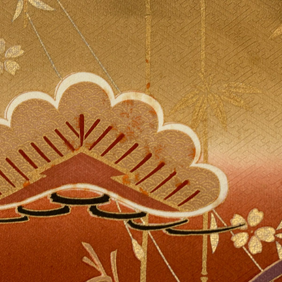振袖禮服 身長166.5cm 袖長68.5cm L 雙層 松樹 笹 金絲 金銀彩 山吹 純蠶絲 秀品級