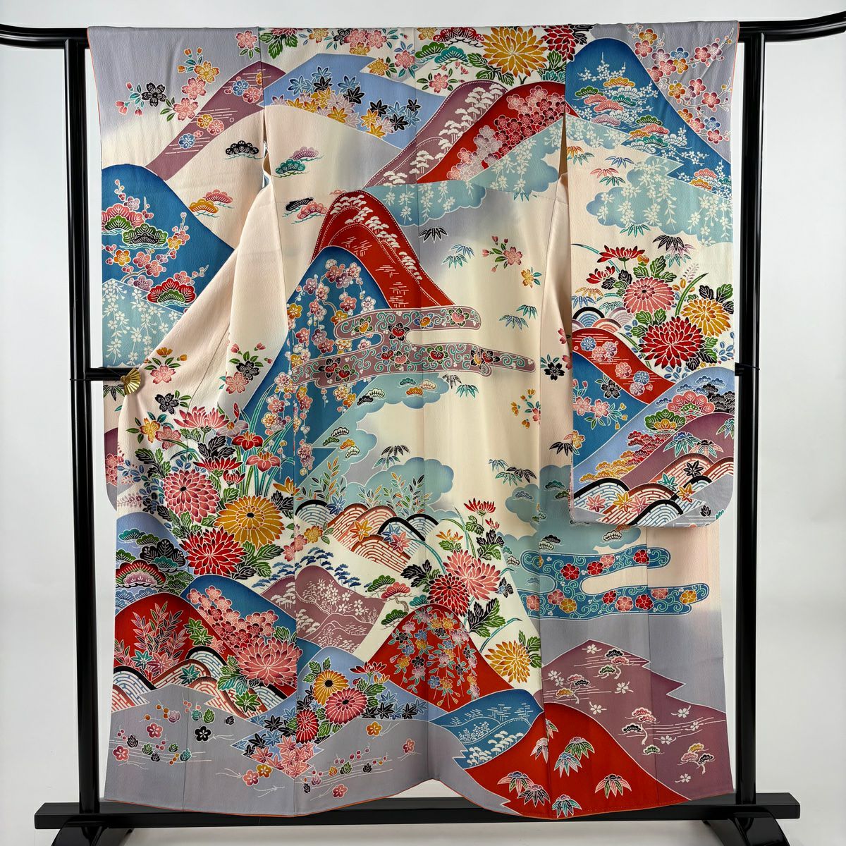 振袖禮服 身長155cm 袖長62cm S 雙層 松樹竹子梅花 草花紋紋 漸層 絞織 淺粉色 純蠶絲 優品級