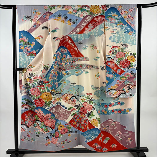 振袖禮服 身長155cm 袖長62cm S 雙層 松樹竹子梅花 草花紋紋 漸層 絞織 淺粉色 純蠶絲 優品級