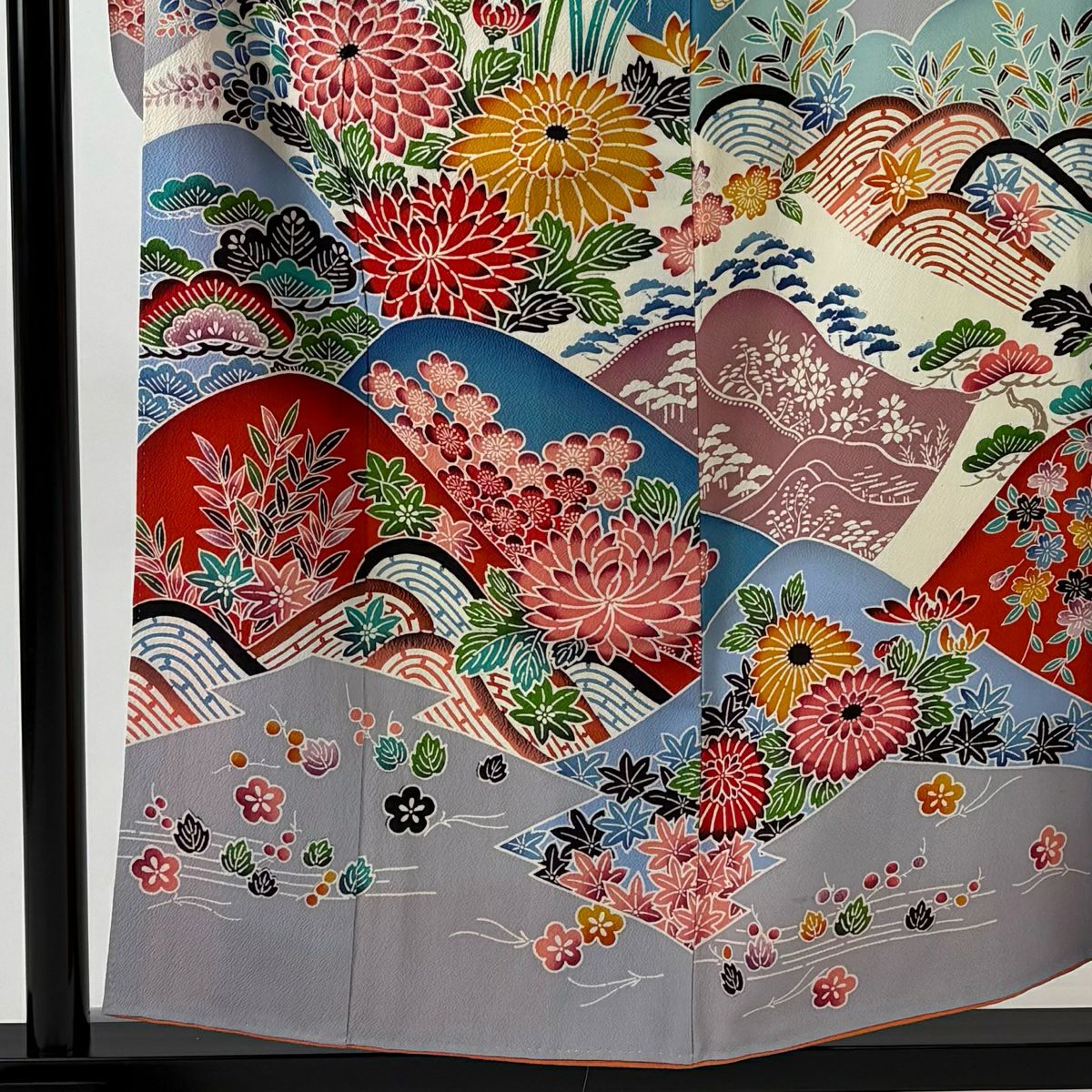 振袖禮服 身長155cm 袖長62cm S 雙層 松樹竹子梅花 草花紋紋 漸層 絞織 淺粉色 純蠶絲 優品級