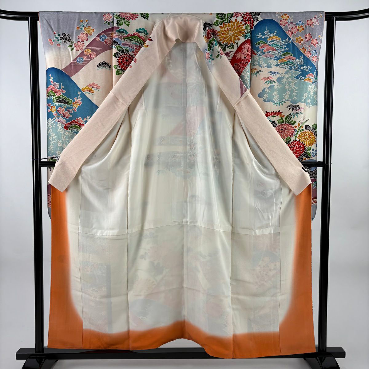 振袖禮服 身長155cm 袖長62cm S 雙層 松樹竹子梅花 草花紋紋 漸層 絞織 淺粉色 純蠶絲 優品級