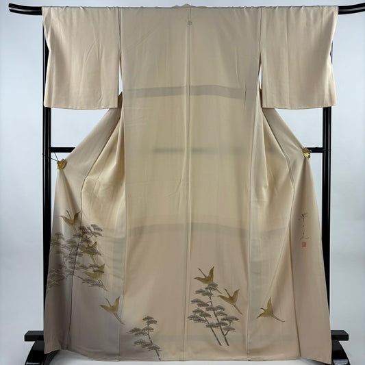 色留袖禮服 身長168.5cm 袖長68.5cm L 雙層 落款あり 松樹 仙鶴 金銀彩 漸層 薄茶 純蠶絲 秀品級 一つ紋
