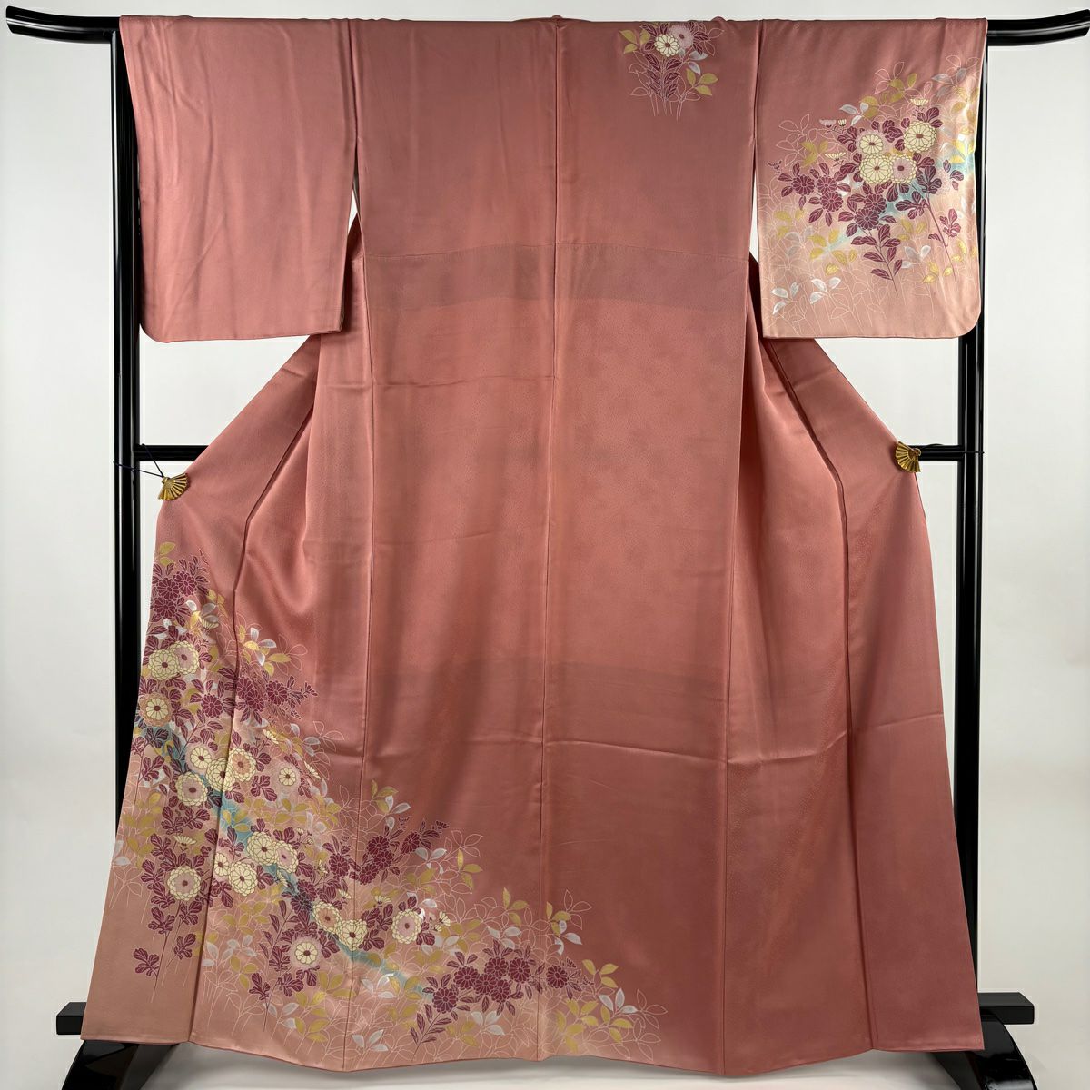 訪問服 身長164.5cm 袖長65.5cm M 雙層 鈴乃屋 菊花葉紋 金銀彩 漸層 粉紅 純蠶絲 優品級