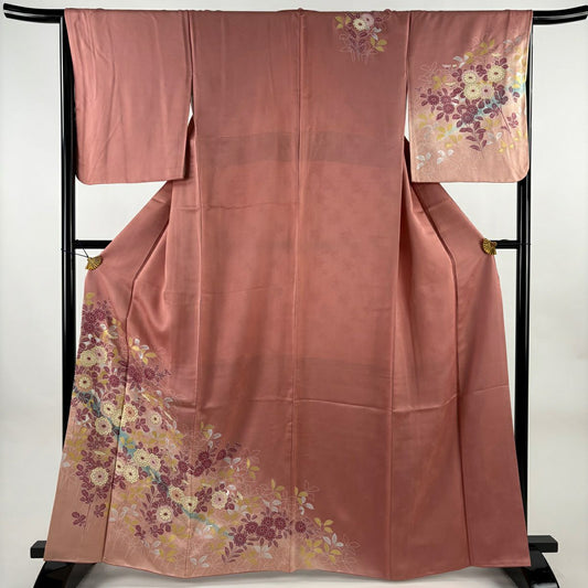 訪問服 身長164.5cm 袖長65.5cm M 雙層 鈴乃屋 菊花葉紋 金銀彩 漸層 粉紅 純蠶絲 優品級