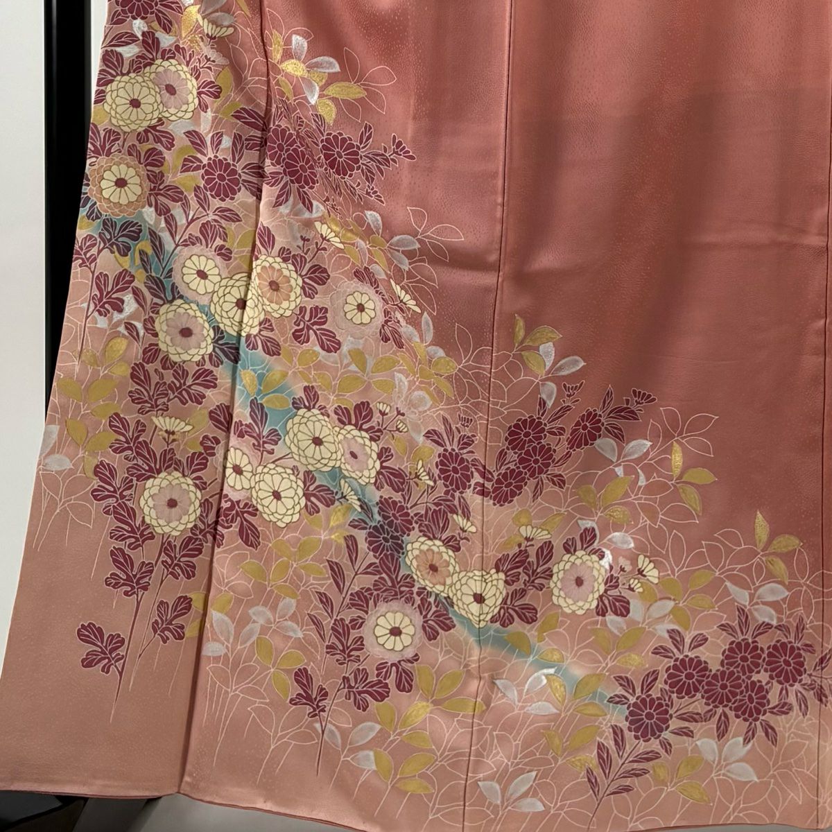 訪問服 身長164.5cm 袖長65.5cm M 雙層 鈴乃屋 菊花葉紋 金銀彩 漸層 粉紅 純蠶絲 優品級