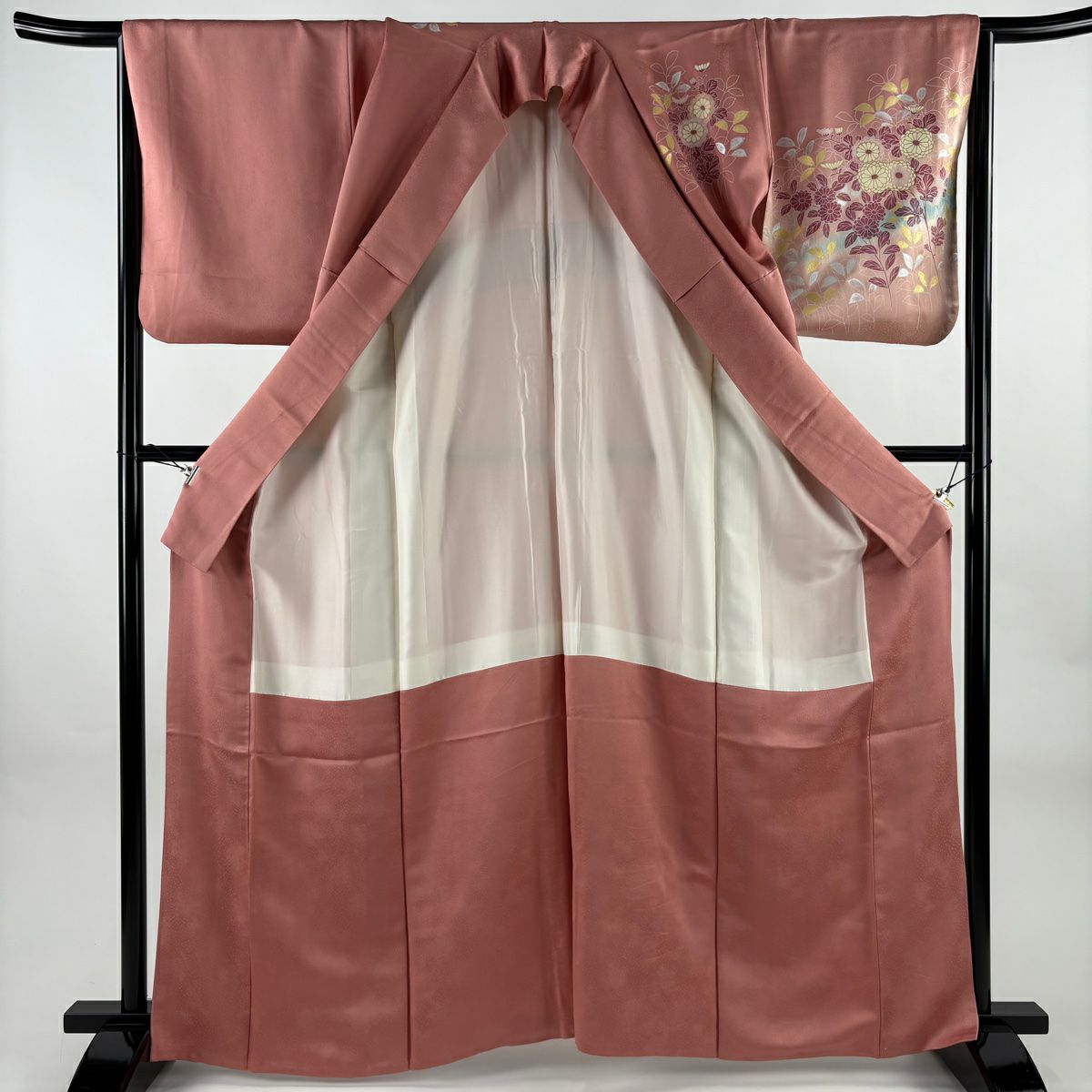 訪問服 身長164.5cm 袖長65.5cm M 雙層 鈴乃屋 菊花葉紋 金銀彩 漸層 粉紅 純蠶絲 優品級
