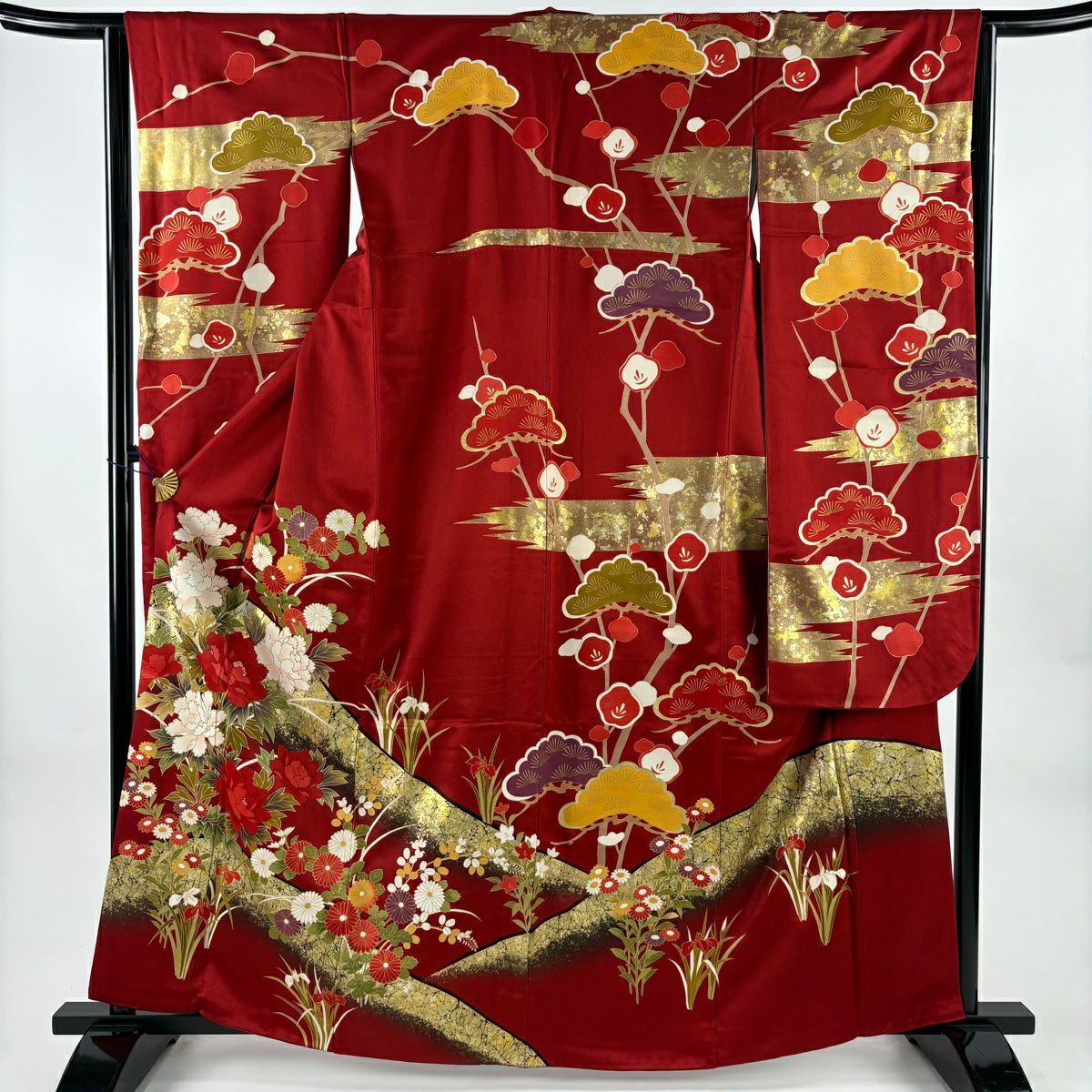 振袖禮服 身長162.5cm 袖長63cm S 雙層 牡丹 菊花 金銀彩 漸層 紅 純蠶絲 優品級