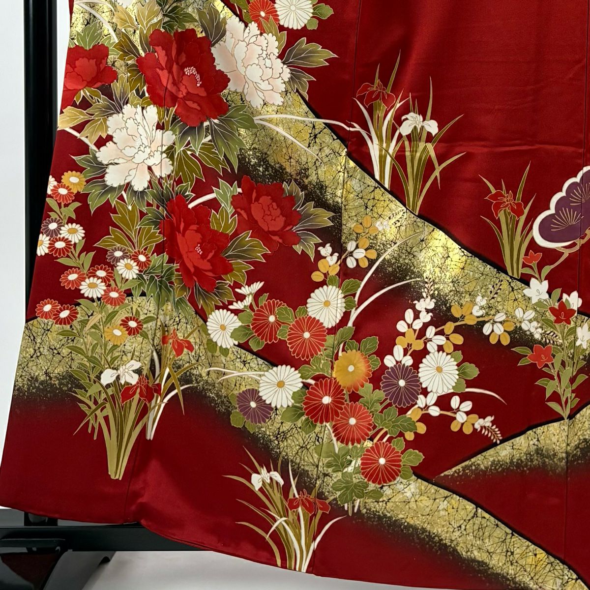 振袖禮服 身長162.5cm 袖長63cm S 雙層 牡丹 菊花 金銀彩 漸層 紅 純蠶絲 優品級