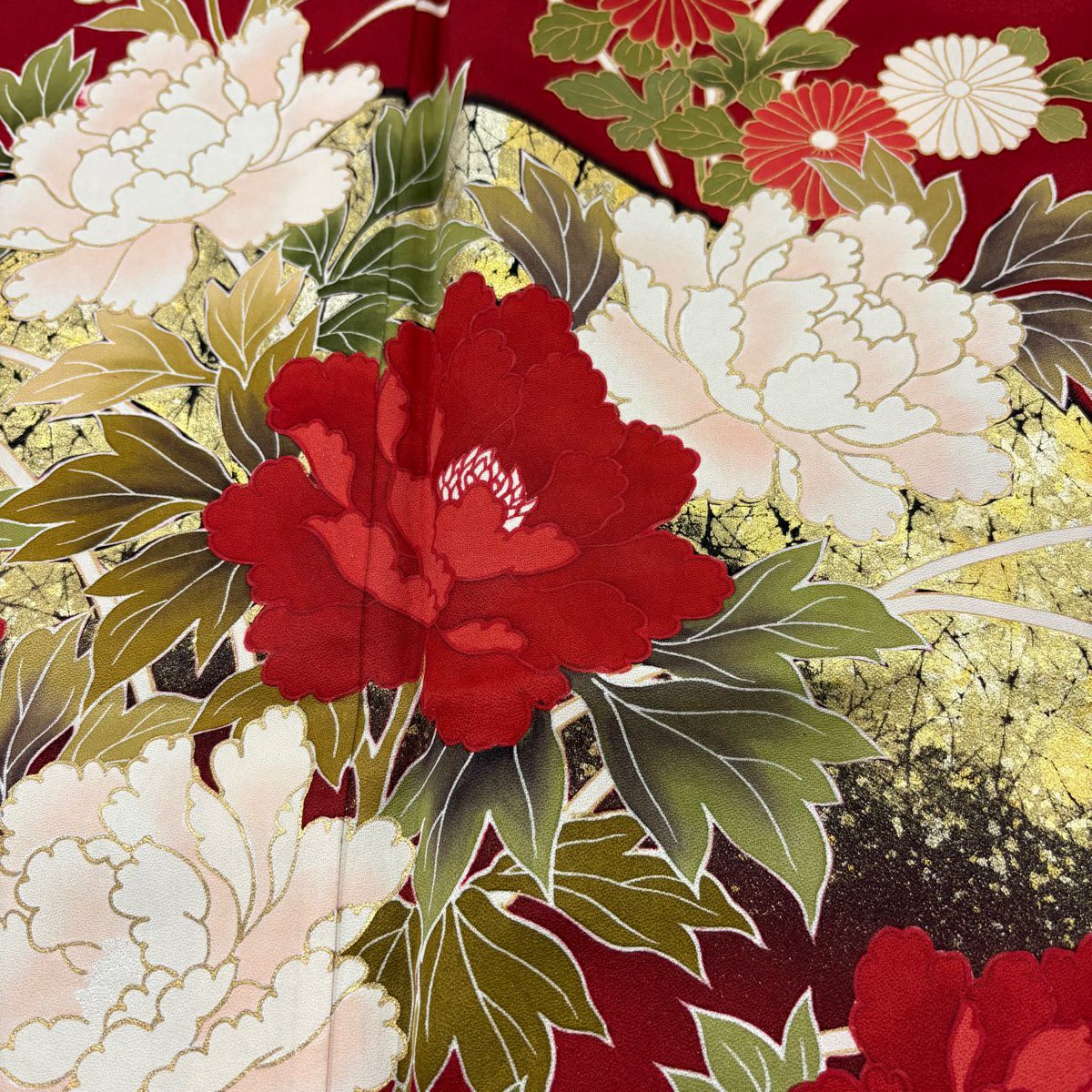 振袖禮服 身長162.5cm 袖長63cm S 雙層 牡丹 菊花 金銀彩 漸層 紅 純蠶絲 優品級