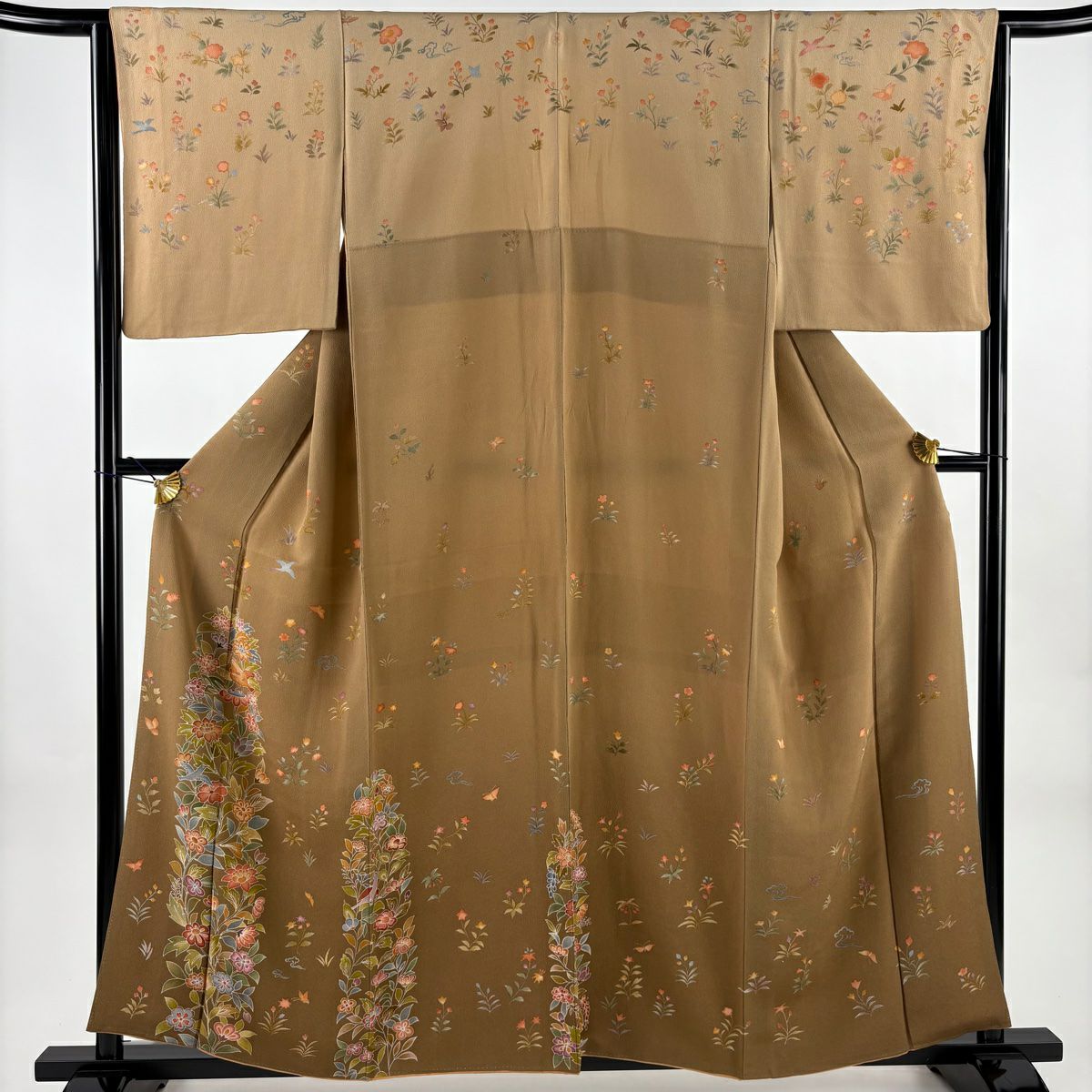 付下 身長158cm 袖長63.5cm S 雙層 花鳥 雲紋 絞織 茶 純蠶絲 秀品級 一個紋