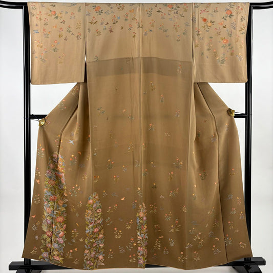 付下 身長158cm 袖長63.5cm S 雙層 花鳥 雲紋 絞織 茶 純蠶絲 秀品級 一個紋