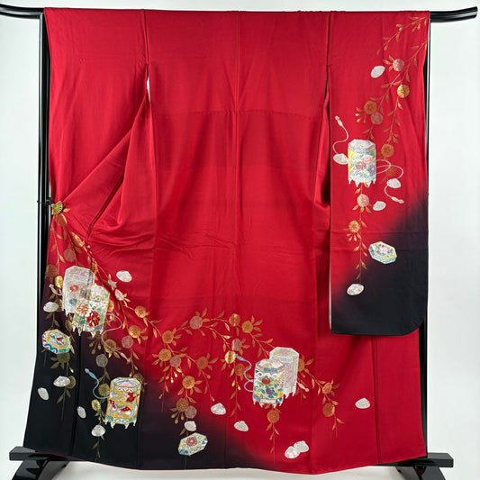 振袖禮服 身長162.5cm 袖長65.5cm M 雙層 貝桶 櫻花 金糸 刺繡 紅 純蠶絲 秀品級