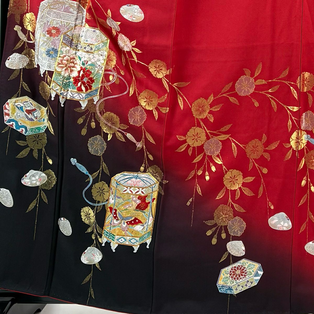 振袖禮服 身長162.5cm 袖長65.5cm M 雙層 貝桶 櫻花 金糸 刺繡 紅 純蠶絲 秀品級