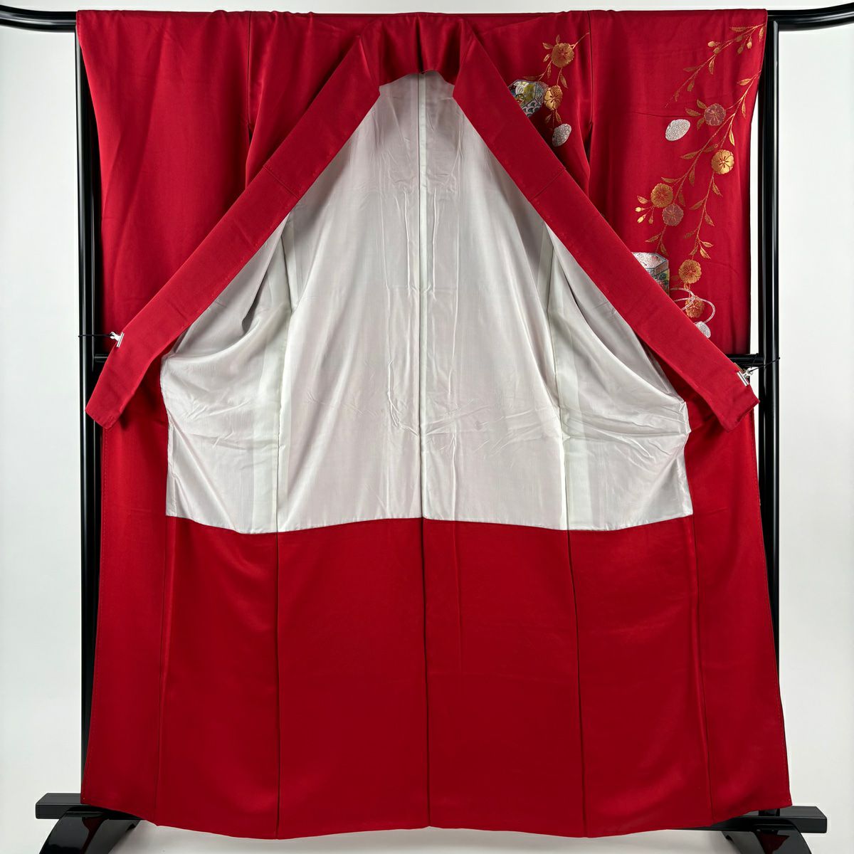 振袖禮服 身長162.5cm 袖長65.5cm M 雙層 貝桶 櫻花 金糸 刺繡 紅 純蠶絲 秀品級