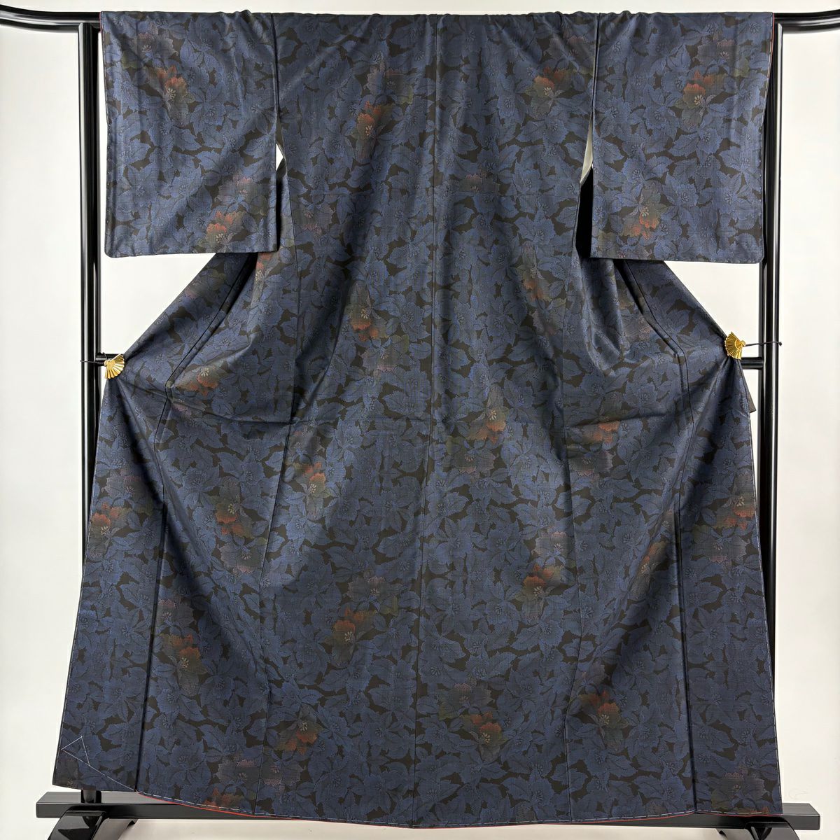 【美品】 紬織織 身長163cm 袖長65cm M 雙層 草花紋紋 深藍 純蠶絲 秀品級