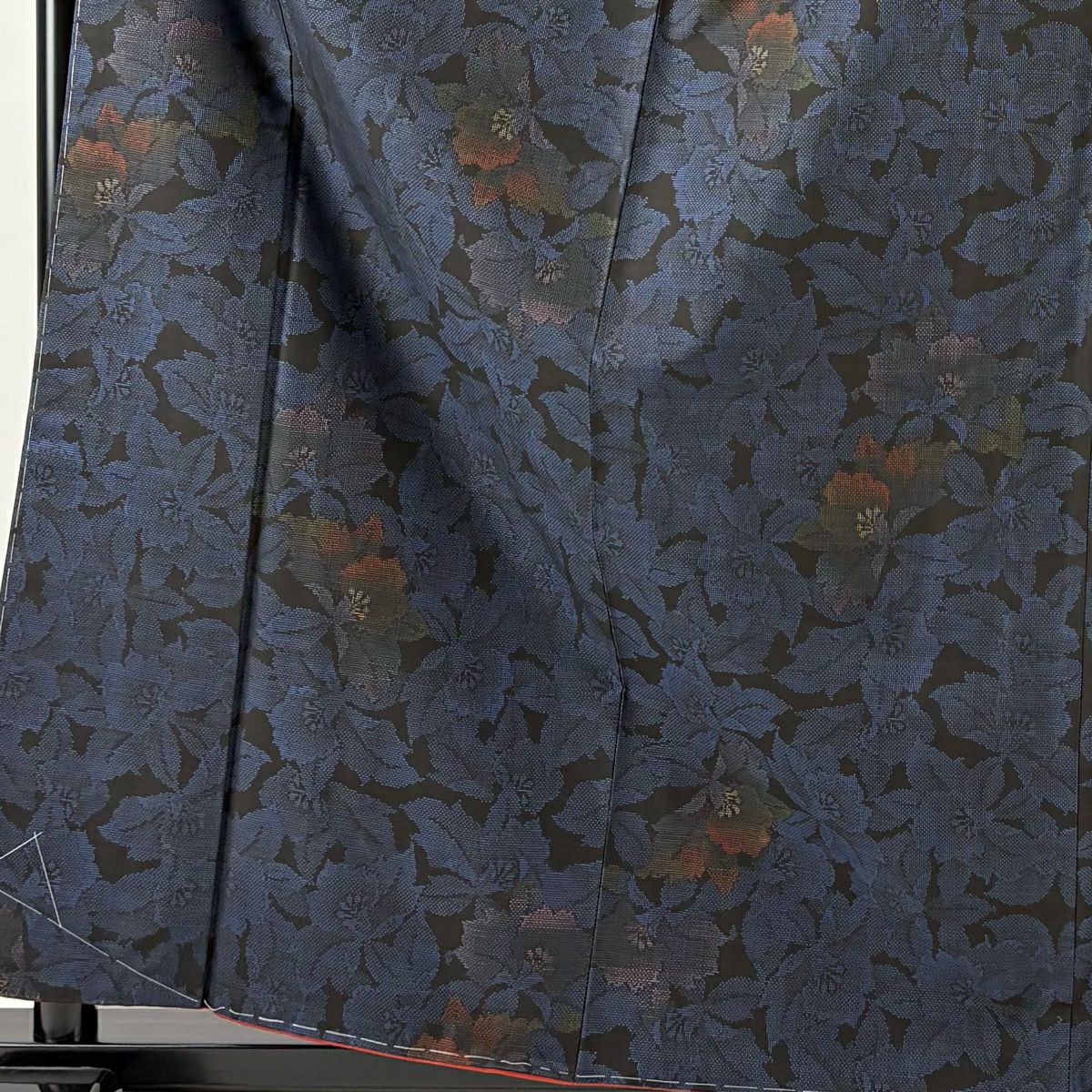 【美品】 紬織織 身長163cm 袖長65cm M 雙層 草花紋紋 深藍 純蠶絲 秀品級