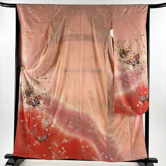 振袖禮服 身長160cm 袖長65.5cm M 雙層 蝶 櫻花 金銀彩 漸層 粉紅 純蠶絲 優品級