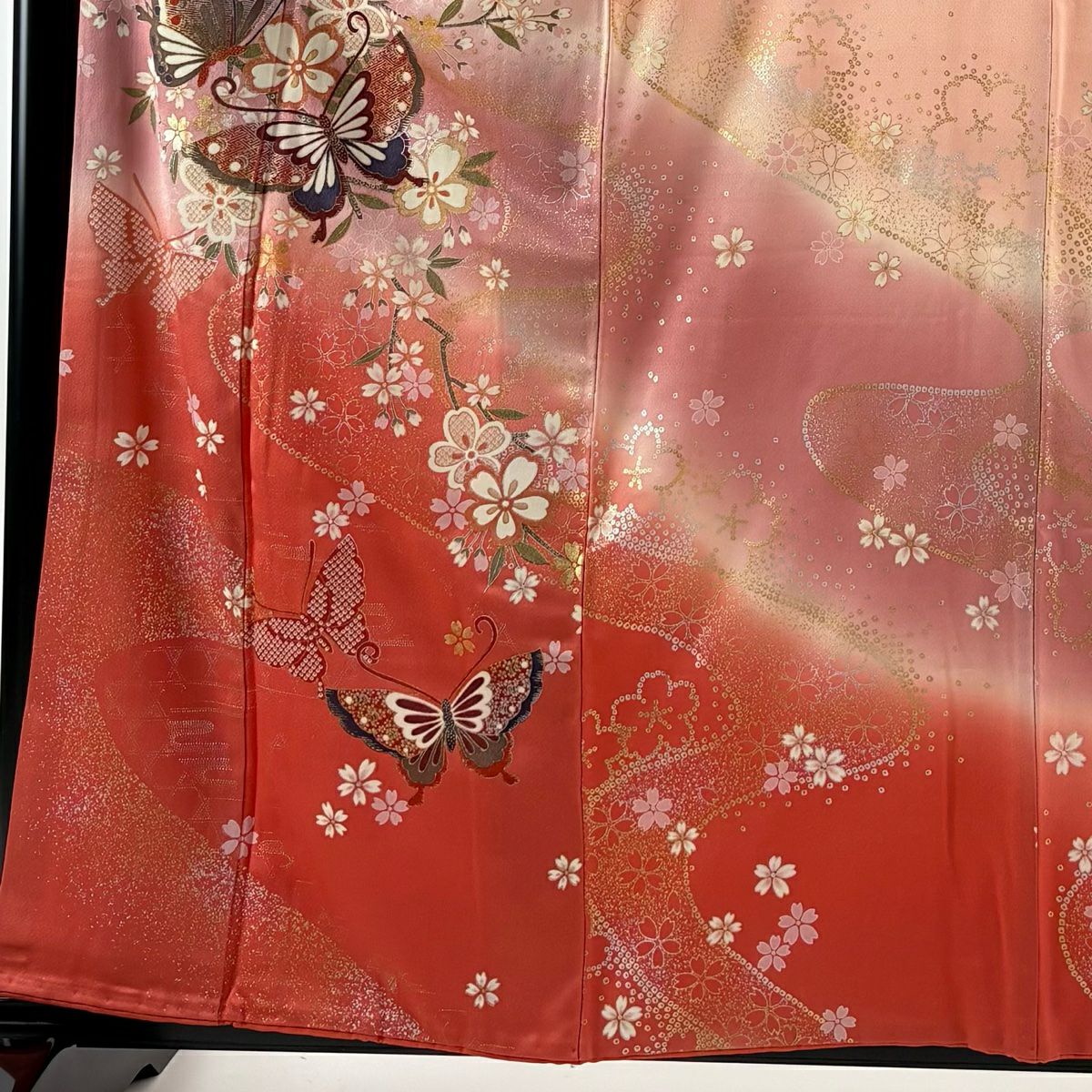 振袖禮服 身長160cm 袖長65.5cm M 雙層 蝶 櫻花 金銀彩 漸層 粉紅 純蠶絲 優品級