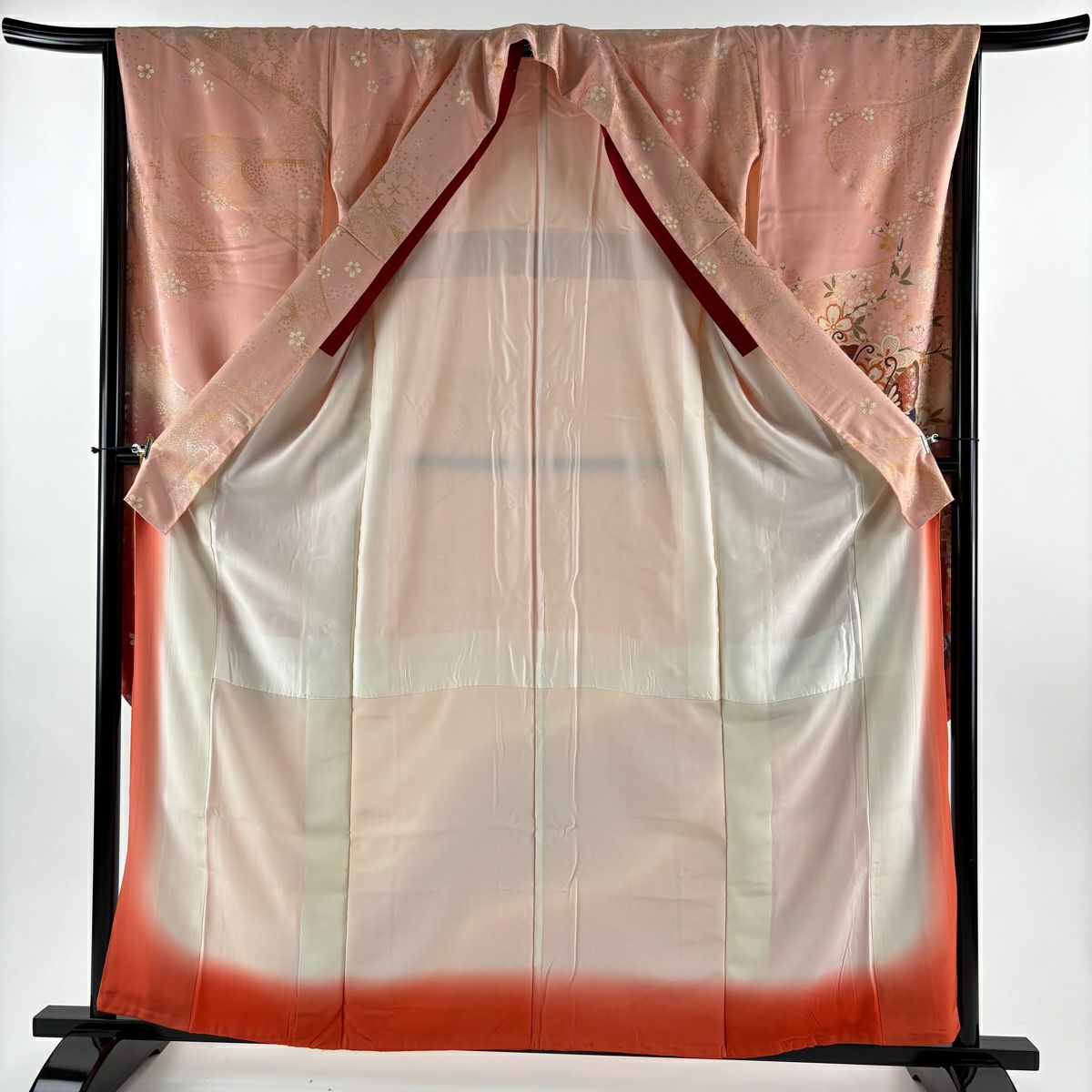 振袖禮服 身長160cm 袖長65.5cm M 雙層 蝶 櫻花 金銀彩 漸層 粉紅 純蠶絲 優品級