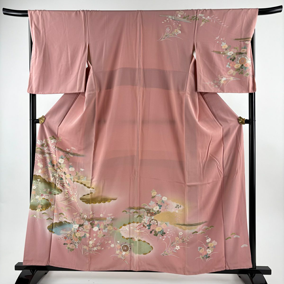 訪問服 身長159.5cm 袖長68cm L 雙層 御所車 草花紋紋 金銀彩 漸層 粉紅 純蠶絲 優品級