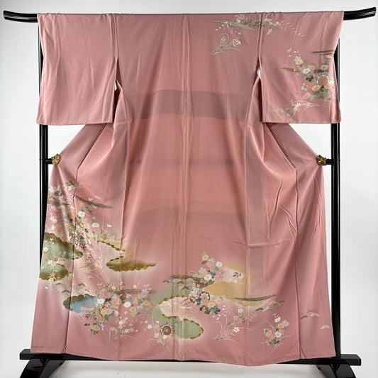 訪問服 身長159.5cm 袖長68cm L 雙層 御所車 草花紋紋 金銀彩 漸層 粉紅 純蠶絲 優品級