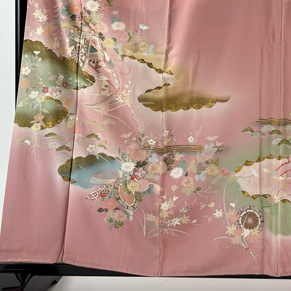 訪問服 身長159.5cm 袖長68cm L 雙層 御所車 草花紋紋 金銀彩 漸層 粉紅 純蠶絲 優品級