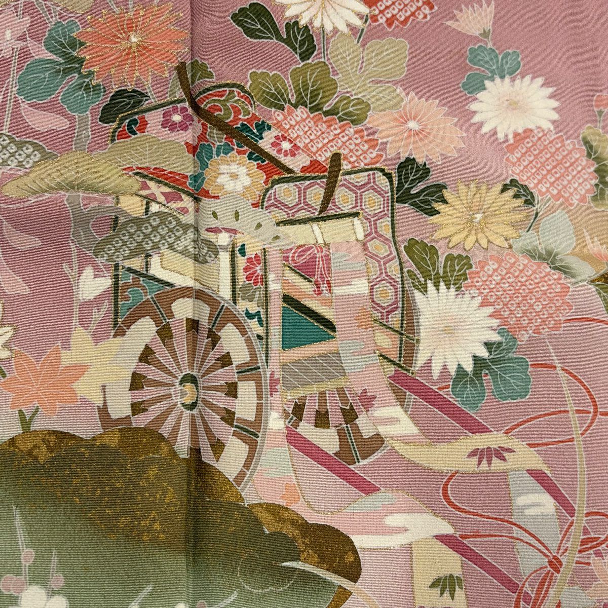 訪問服 身長159.5cm 袖長68cm L 雙層 御所車 草花紋紋 金銀彩 漸層 粉紅 純蠶絲 優品級