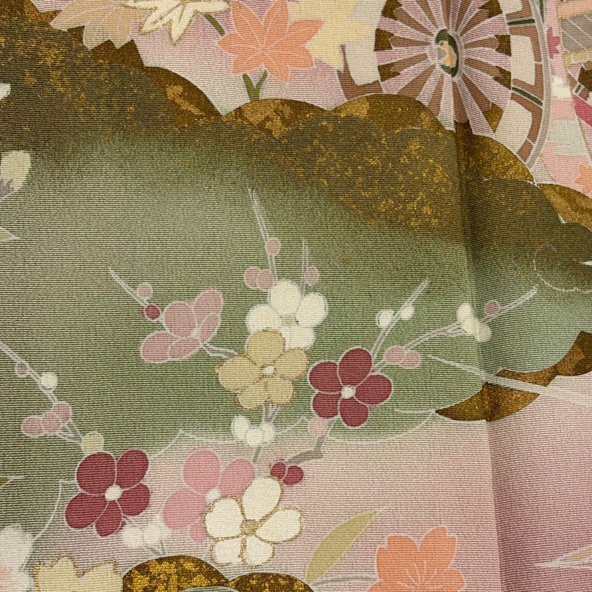 訪問服 身長159.5cm 袖長68cm L 雙層 御所車 草花紋紋 金銀彩 漸層 粉紅 純蠶絲 優品級