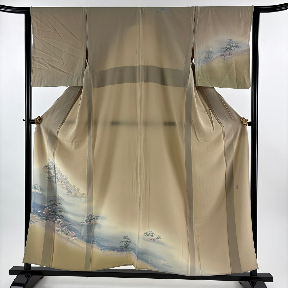 付下 身長154.5cm 袖長64cm M 單層 落款有 風景 家屋 漸層 薄茶 純蠶絲 優品級