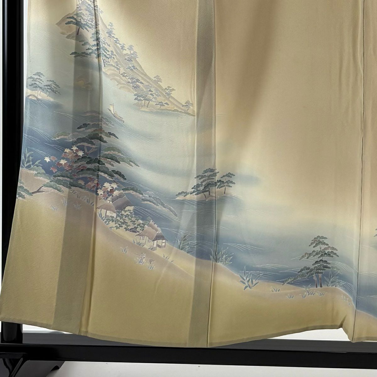 付下 身長154.5cm 袖長64cm M 單層 落款有 風景 家屋 漸層 薄茶 純蠶絲 優品級