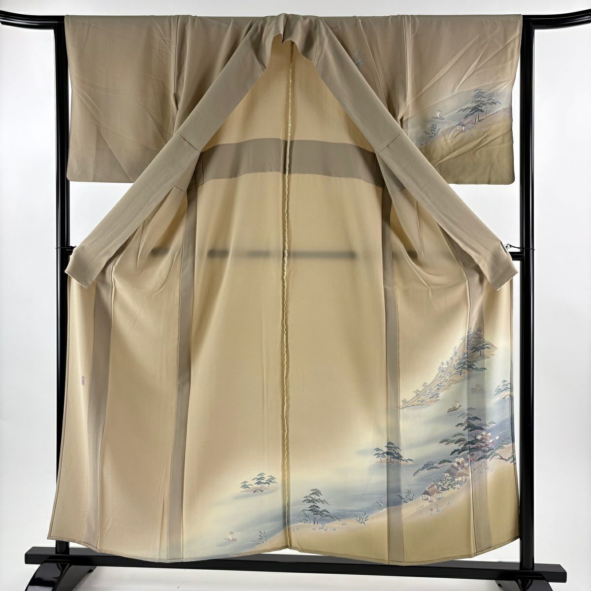 付下 身長154.5cm 袖長64cm M 單層 落款有 風景 家屋 漸層 薄茶 純蠶絲 優品級